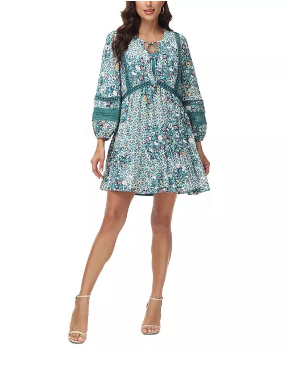 Frye Teal Boho  Floral V-Neck Tiered Mini Dress size XS